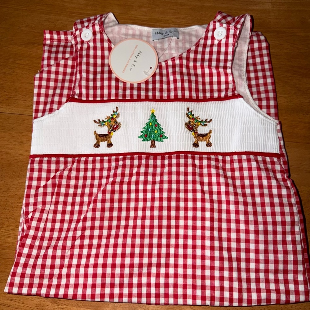 Abby & Evie Red Gingham Holiday Jon-Jon with Reindeer Embroidery